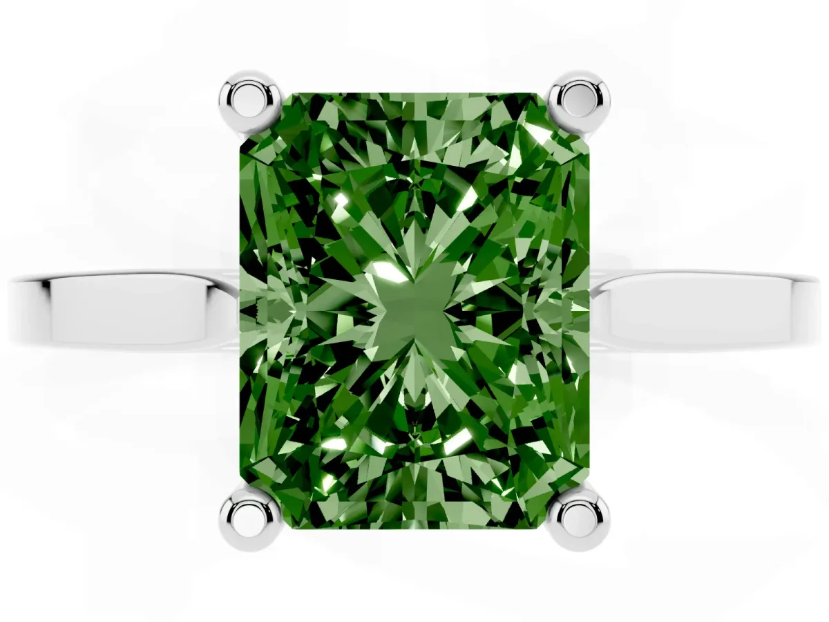 Fancy Green Radiant Cut Solitaire Diamond Ring with Four-Prong Setting and Tapered Band Silver