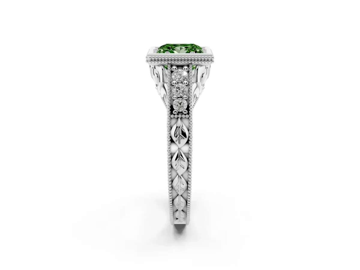 Fancy Green Bezel Set Princess Cut Diamond Milgrain Pave Engagement Ring Silver
