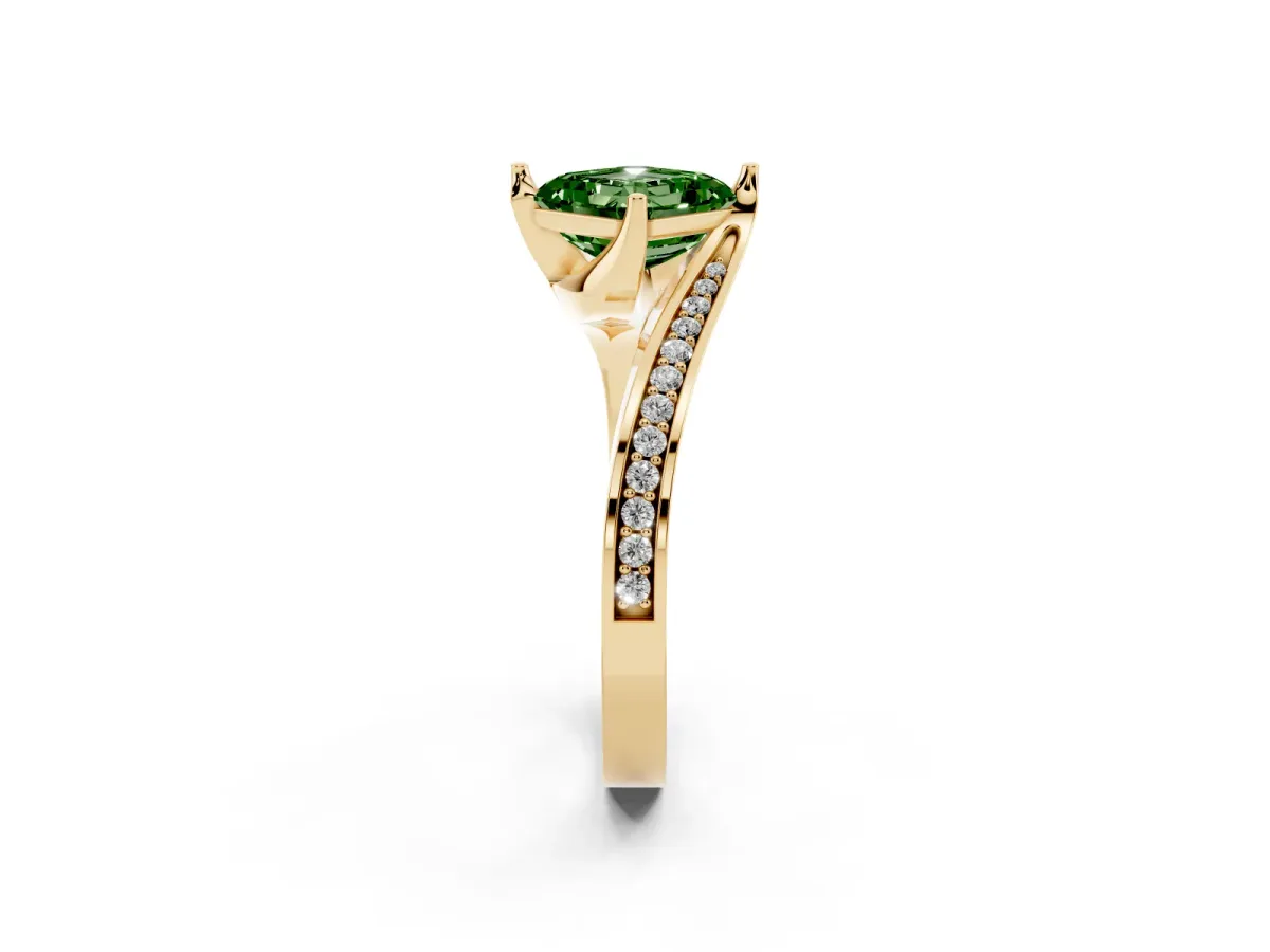 Fancy Green Asscher Cut Solitaire Diamond Twist Band with Pavé Setting and Four-Prong Setting Yellow gold