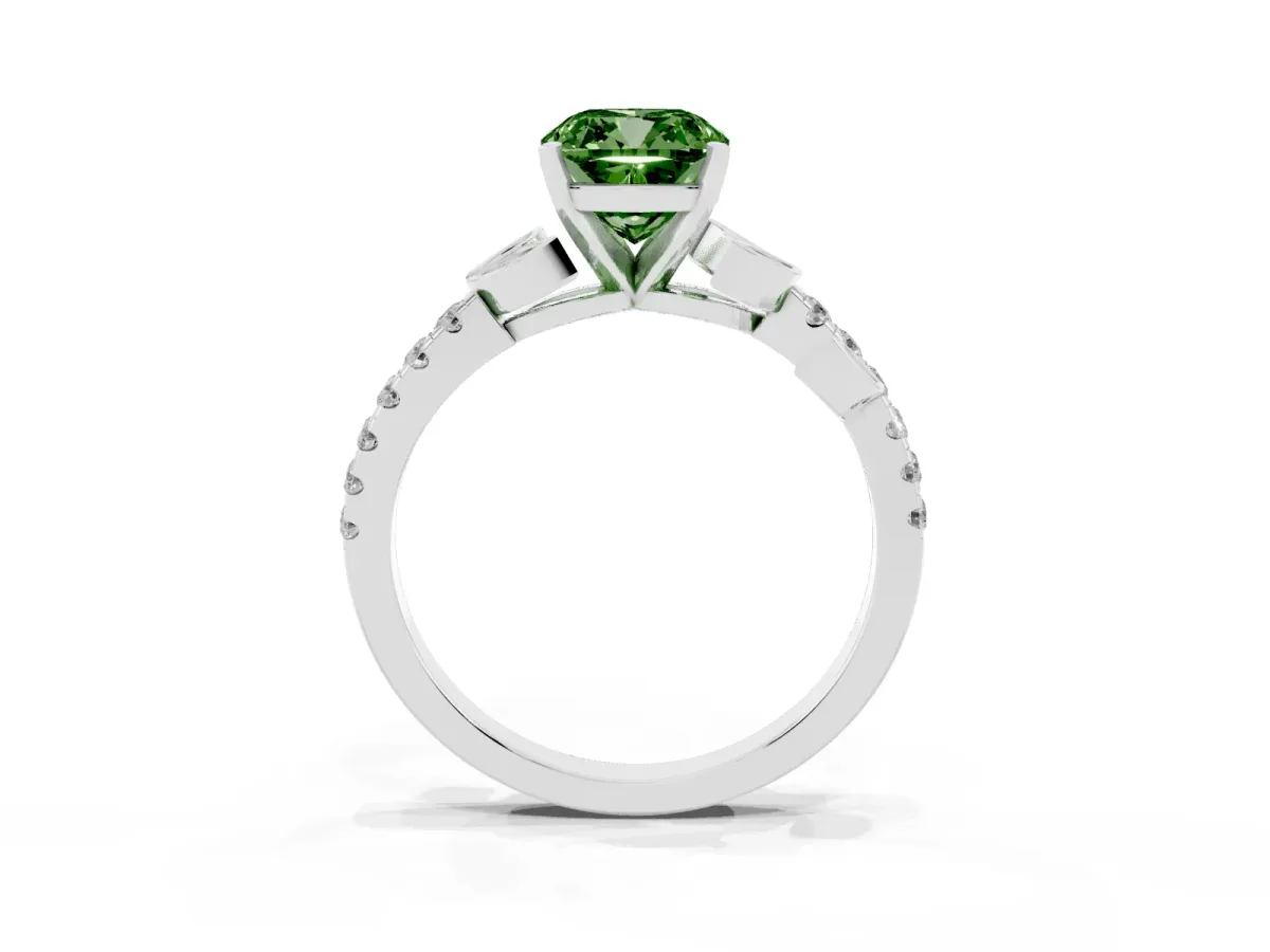 Fancy Green Cushion Cut Solitaire Leaf-Inspired Diamond Ring with Pavé Band and Four-Prong Setting Silver