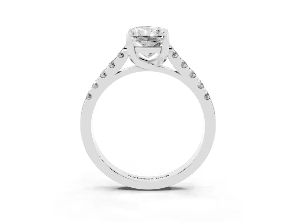 Radiant Cut Diamond Pavé Band Solitaire Ring with Prong Setting White gold