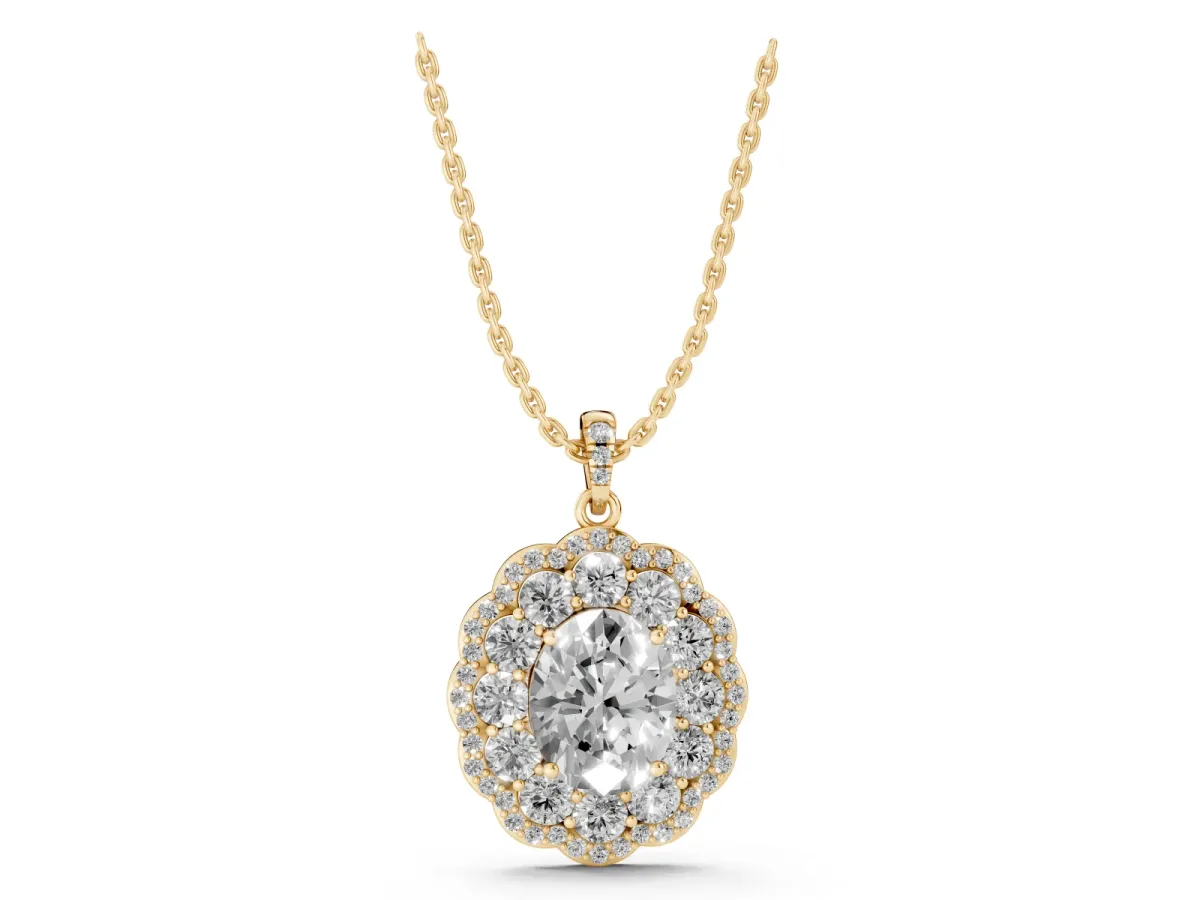 Oval Diamond Floral Halo Pendant with Diamond Accents Yellow gold