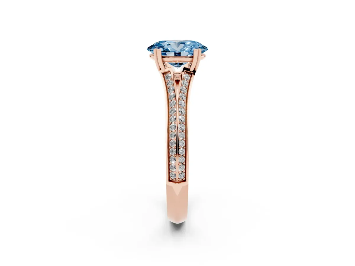 Fancy Blue Oval Cut Diamond Split Shank Engagement Ring with Pavé Band Rose gold