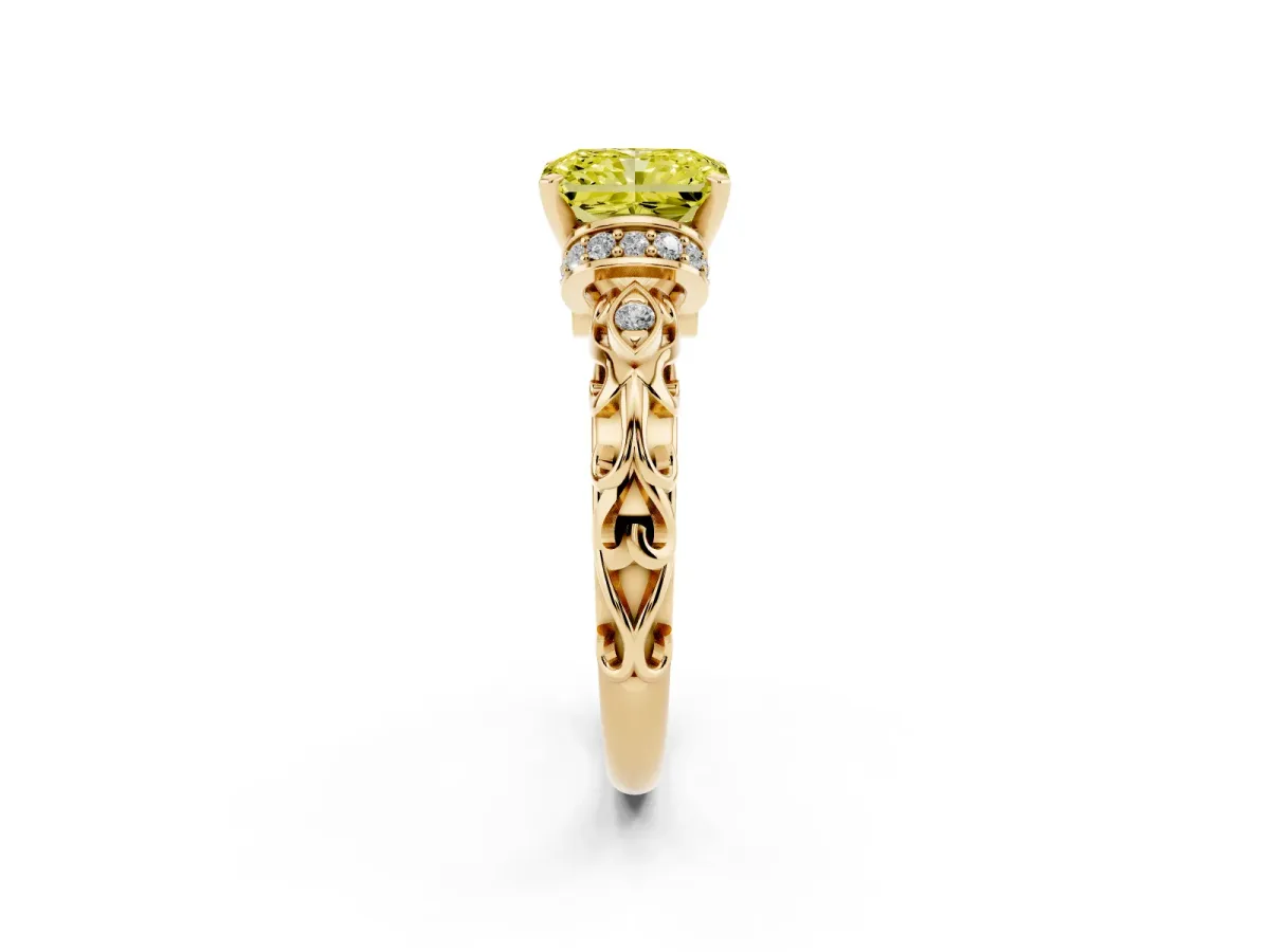 Fancy Yellow Radiant Cut Diamond Solitaire Ring with Filigree Band and Four-Prong Setting Yellow gold