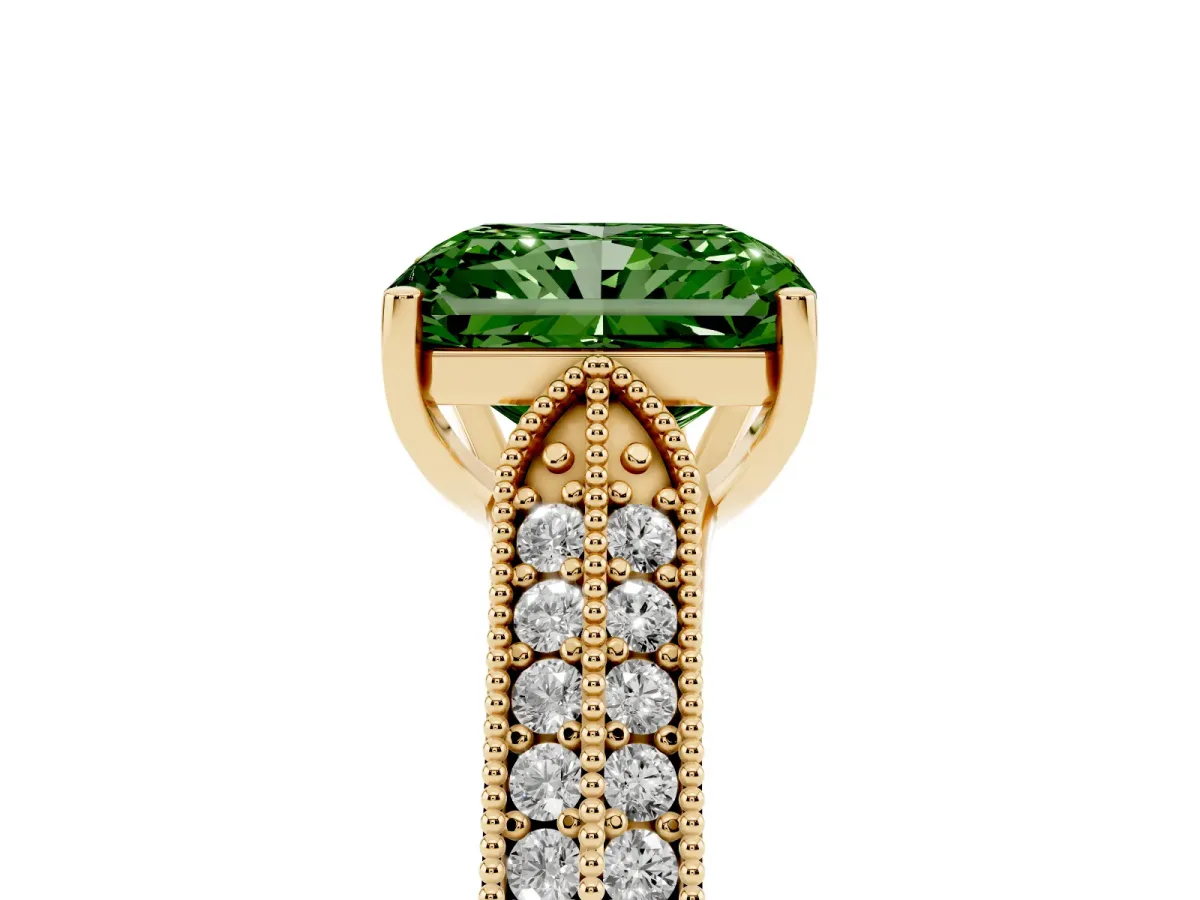 Fancy Green Radiant Cut Cut Pave Split Shank Engagement Ring with Four-Prong Setting Yellow gold