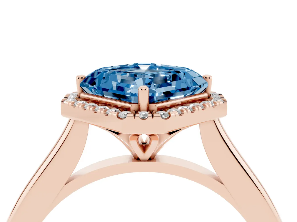 Fancy Blue Asscher Cut Halo Round Diamond Solitaire Engagement Ring with Pave Band and Four-Prong Setting Rose gold