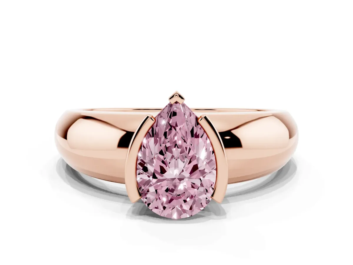 Fancy Pink Pear Cut Solitaire Tension Set Diamond Ring with Wide Band Rose gold