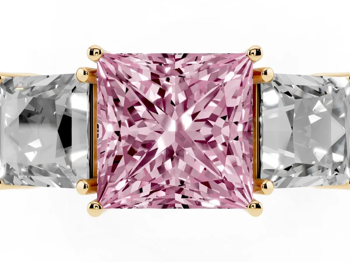 Fancy Pink Three-Stone Princess Cut Cut Milgrain Pavé Engagement Ring Yellow gold