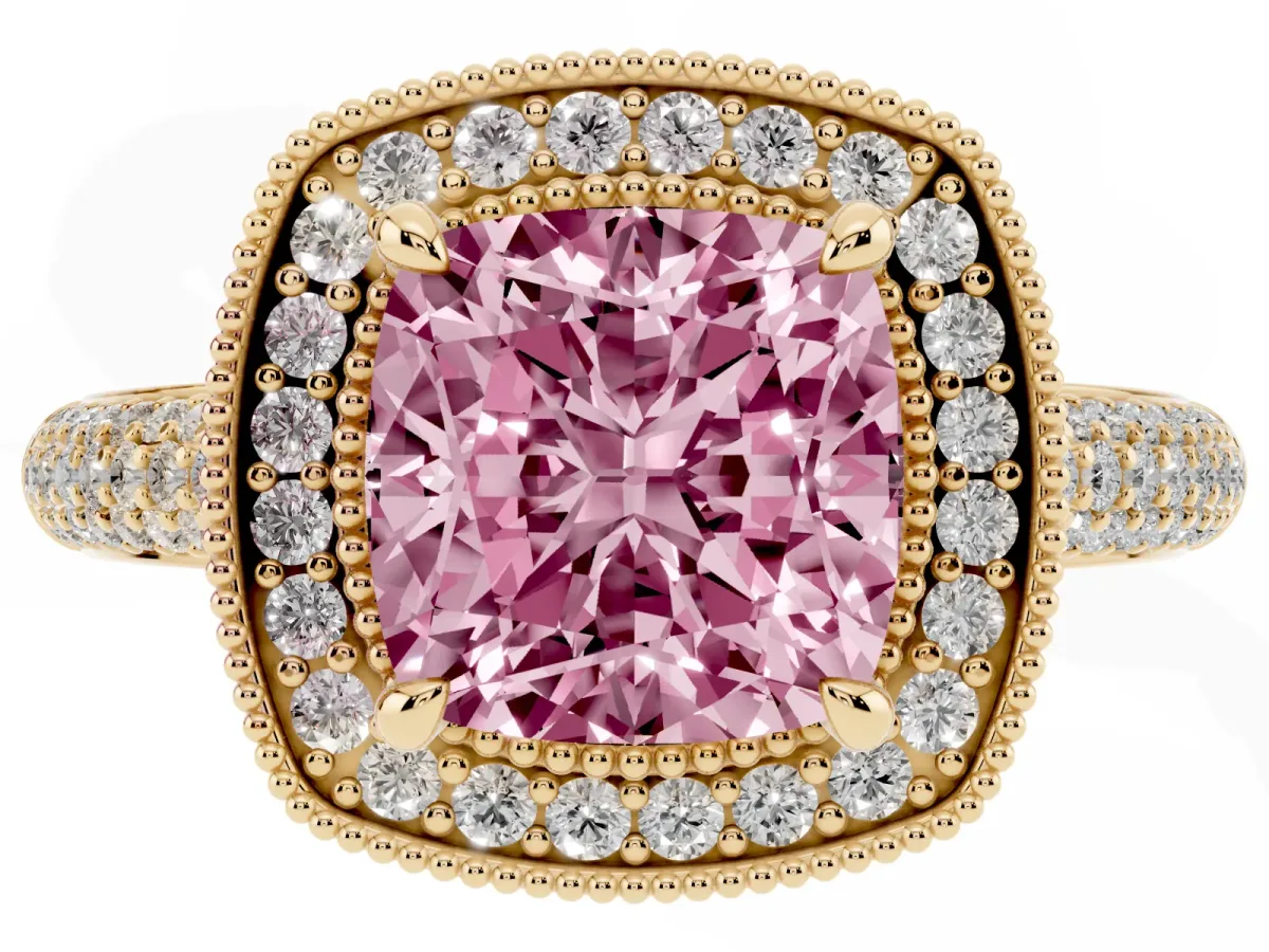 Fancy Pink Cushion Cut Cut Halo Diamond Pave Band with Four-Prong Setting Yellow gold