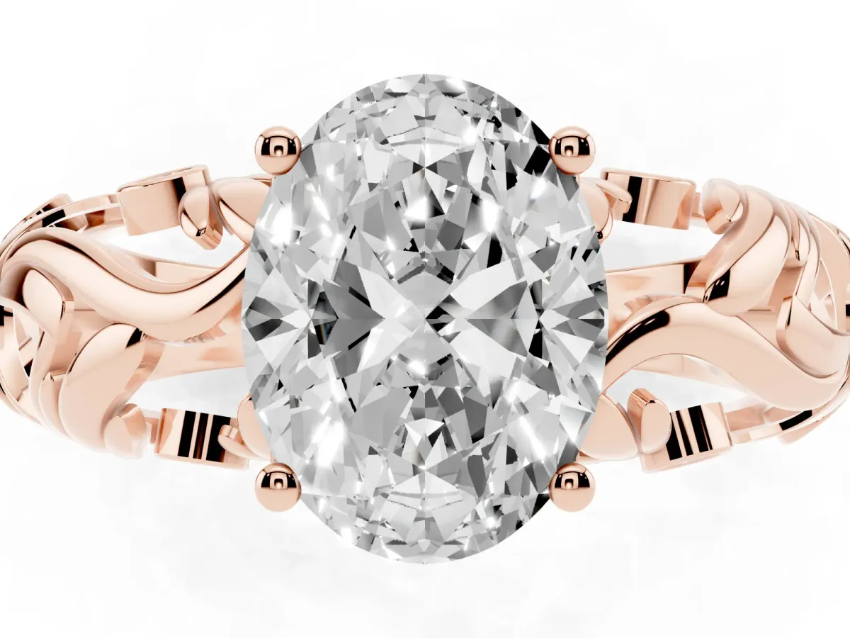 Oval Cut Solitaire Diamond Leaf-Inspired Vine Band Ring with Prong Setting Rose gold