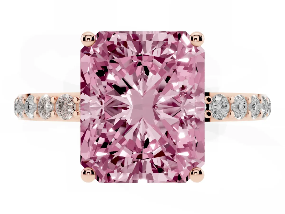 Fancy Pink Radiant Cut Diamond Solitaire Ring with Round Pavé Shoulders and Prong Setting Rose gold