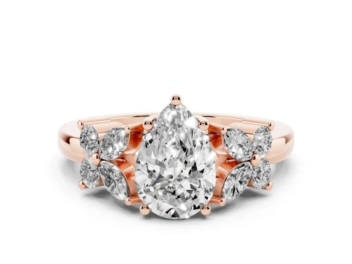 Pear Cut Diamond Floral Cluster Ring with Solitaire Band and Prong Setting Rose gold