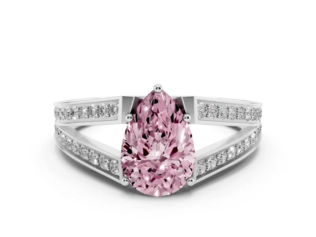 Fancy Pink Pear Cut Diamond Split Shank Ring with Pavé Band and Four-Prong Setting White gold