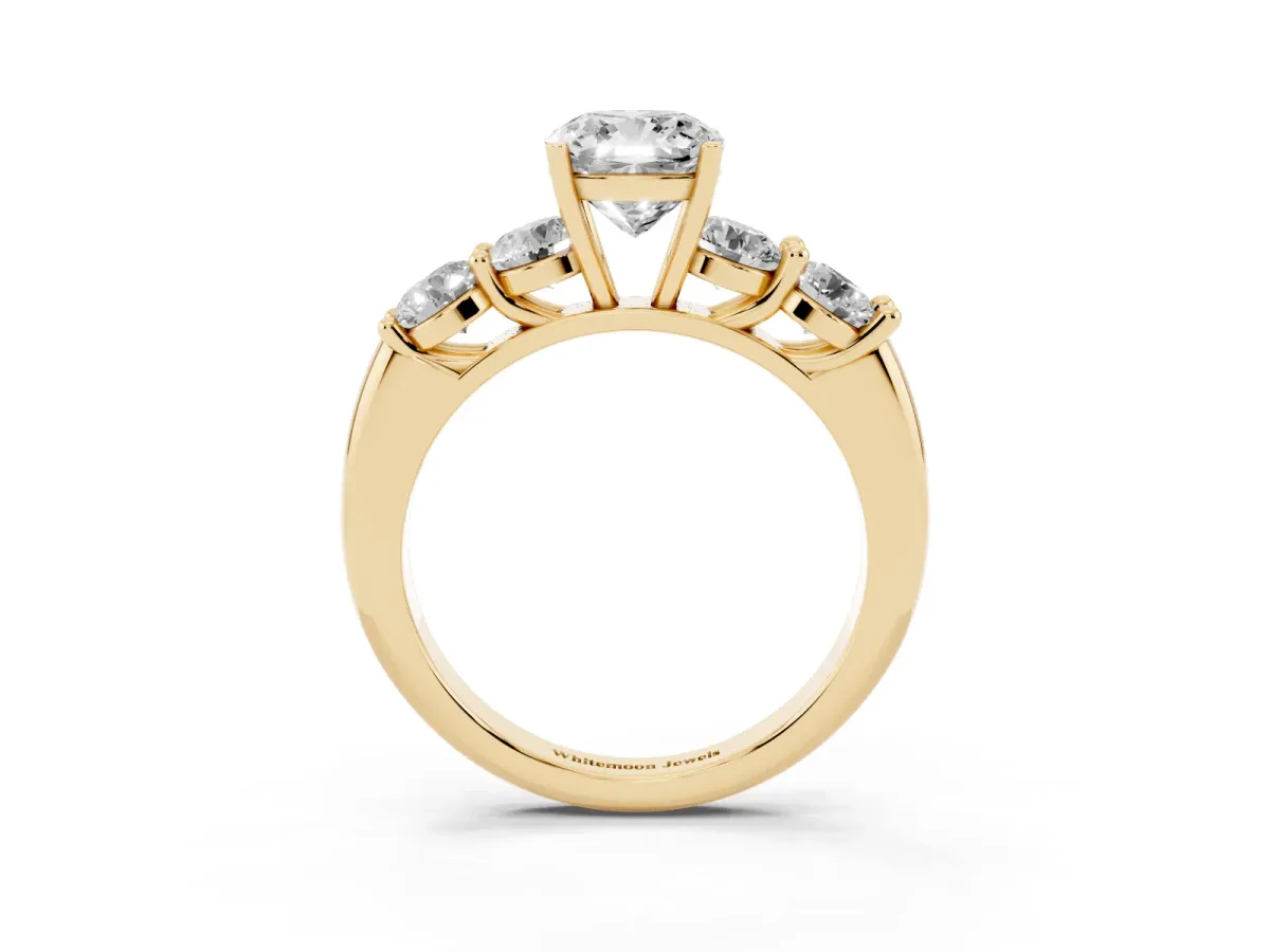 Cushion Cut Cut Five-Stone Prong Set Diamond Ring with Classic Band Yellow gold