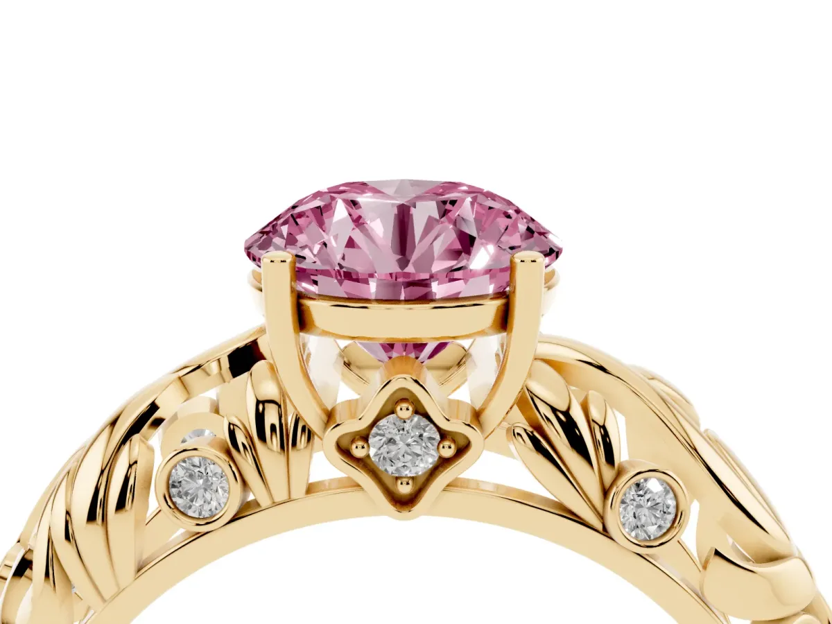 Fancy Pink Round Cut Solitaire Diamond Leaf-Inspired Vine Band Ring with Prong Setting Yellow gold