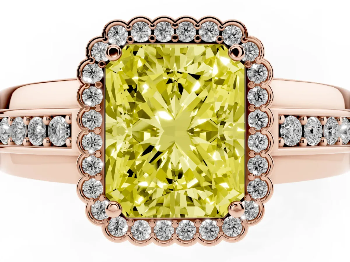 Fancy Yellow Radiant Cut Cut Halo Pave Band Four-Prong Ring Rose gold