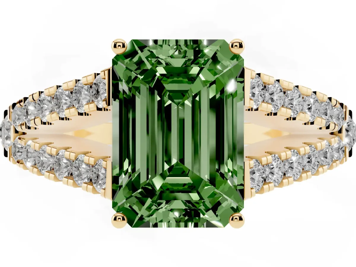 Fancy Green Emerald Cut Diamond Split Shank Pavé Engagement Ring with Four-Prong Setting Yellow gold