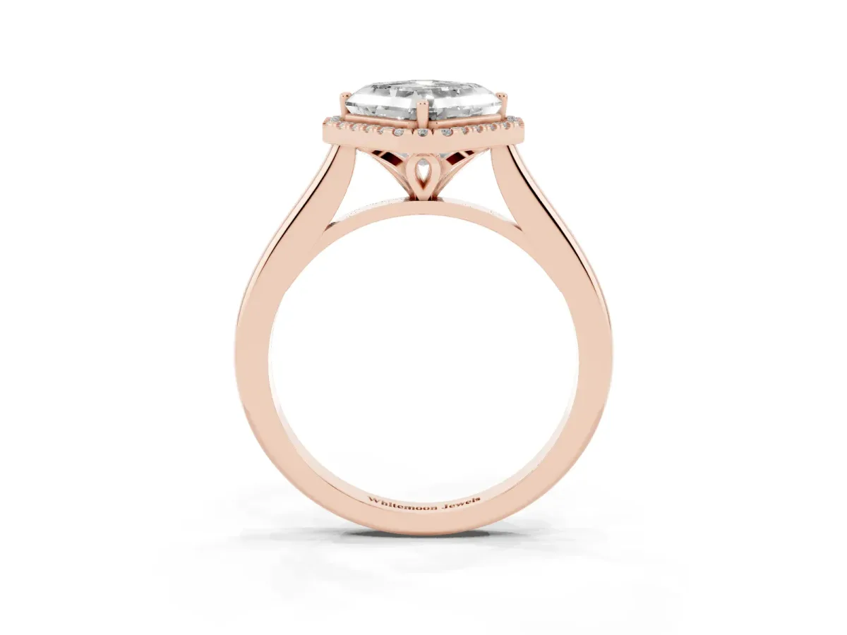 Asscher Cut Halo Round Diamond Solitaire Engagement Ring with Pave Band and Four-Prong Setting Rose gold