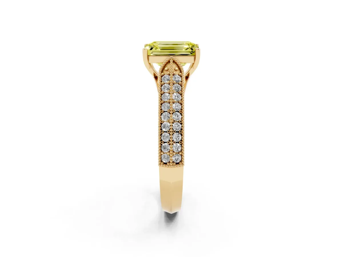 Fancy Yellow Emerald Cut Cut Pave Split Shank Engagement Ring with Four-Prong Setting Yellow gold