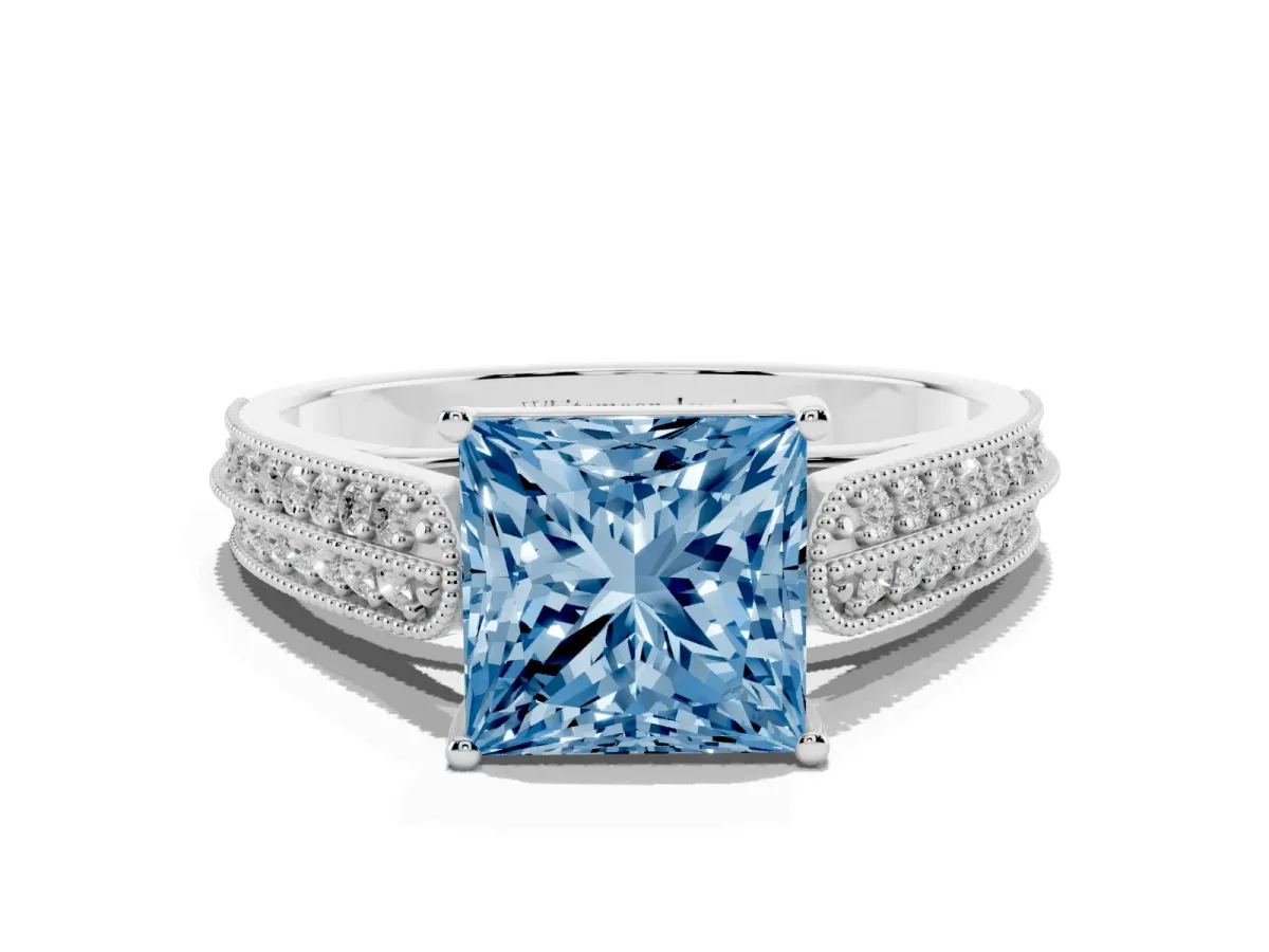 Fancy Blue Princess Cut Cut Pave Split Shank Engagement Ring with Four-Prong Setting Platinum