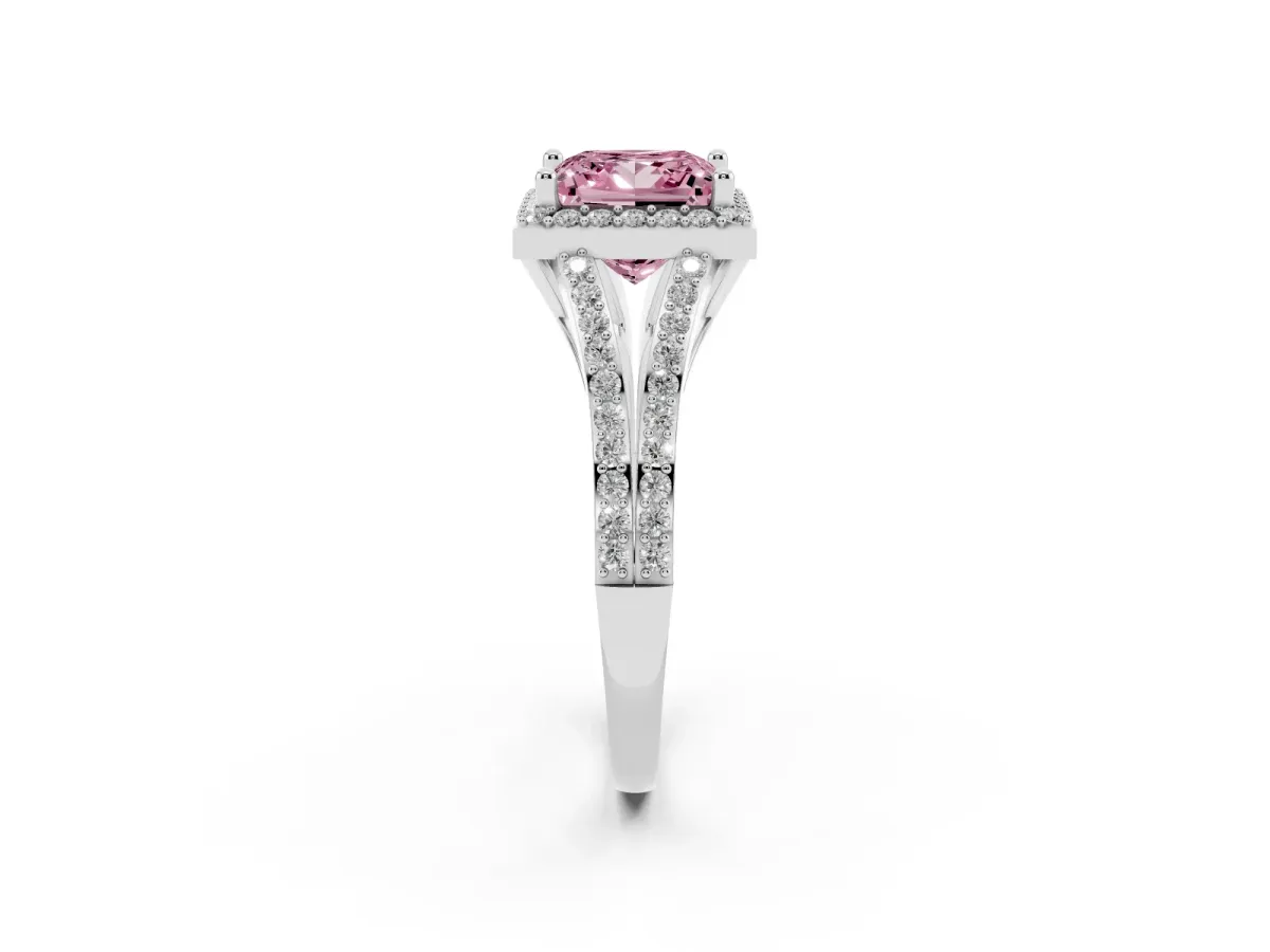 Fancy Pink Princess Cut Halo Split Shank Diamond Ring with Prong Setting Silver