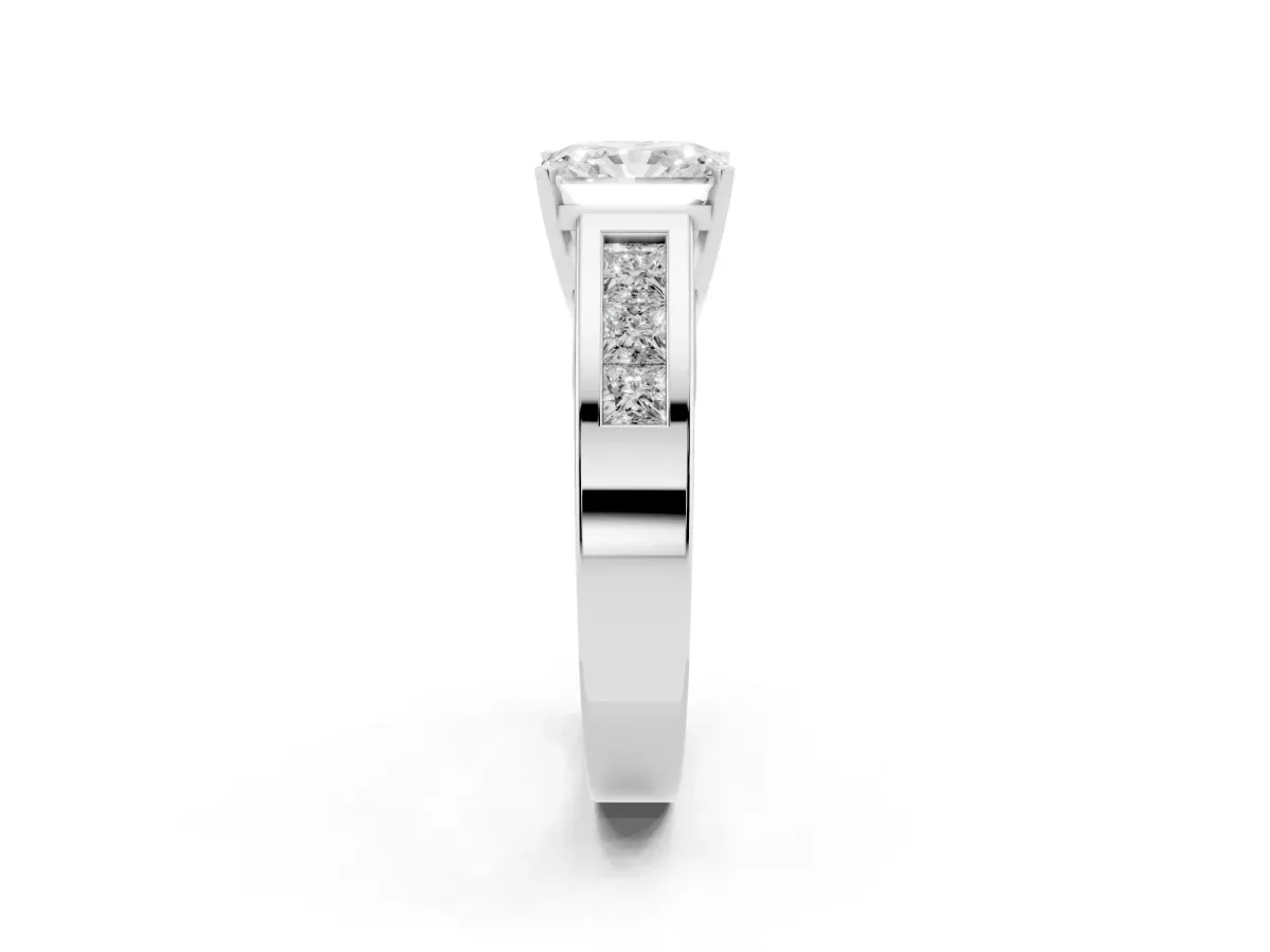 Radiant Cut Cut Channel Set Solitaire Ring with Four-Prong Setting Silver