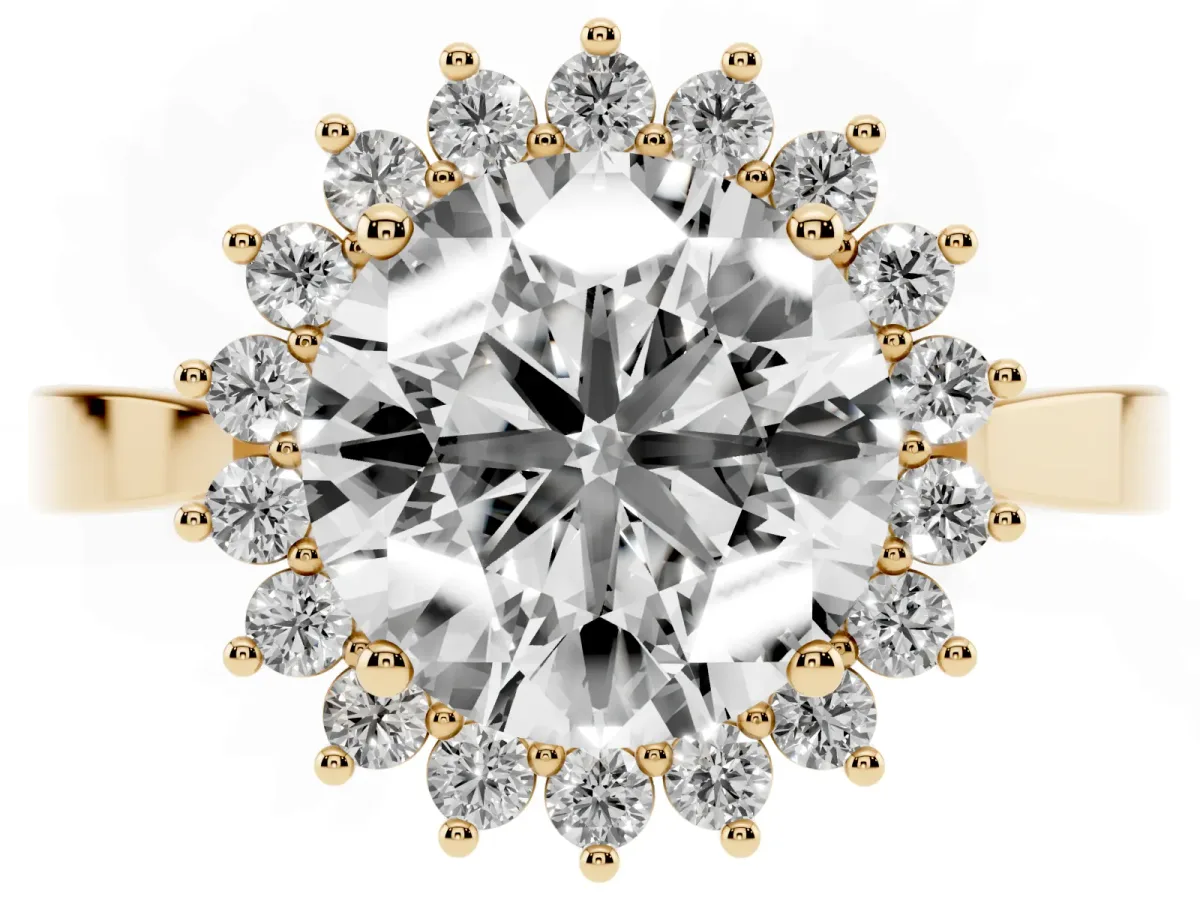 Round Cut Cut Diamond Halo Ring with Round Brilliant Halo and Solitaire Band Yellow gold