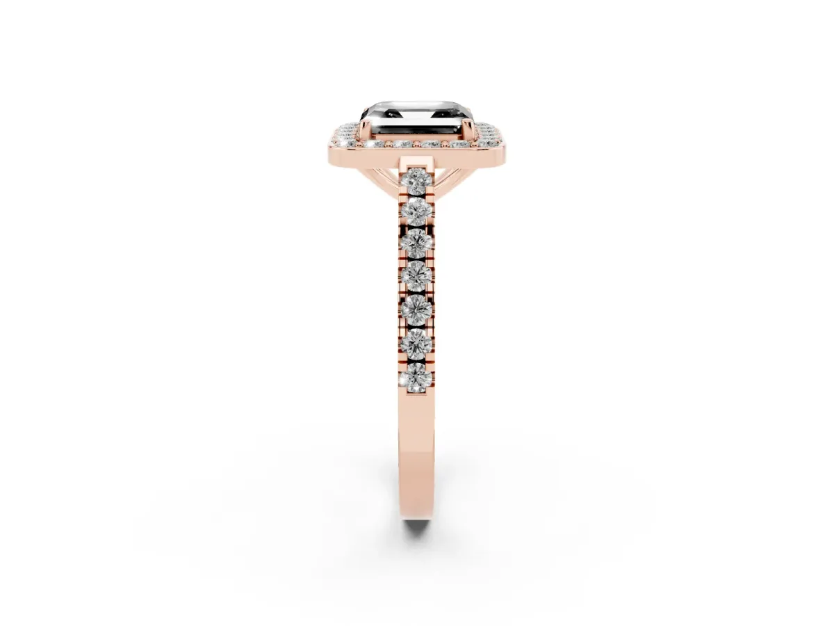 Fancy Black Asscher Cut Diamond Halo Ring with Round Pavé Split Shank and Prong Setting Rose gold