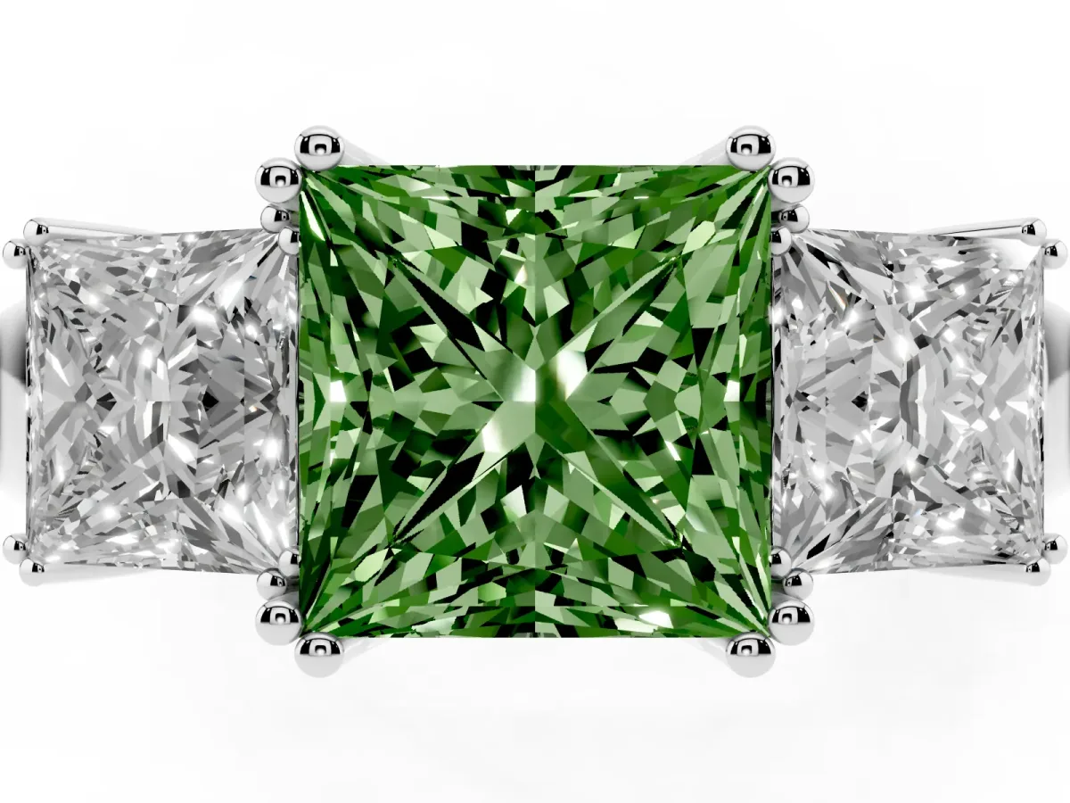 Fancy Green Three-Stone Princess Cut Cut Diamond Ring with Channel Set Band and Four-Prong Setting White gold