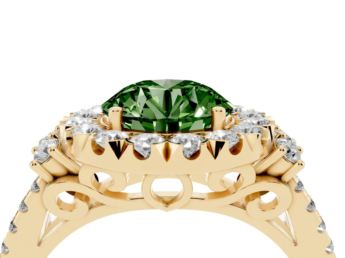 Fancy Green Round Cut Cut Double Halo Diamond Engagement Ring with Pave Band and Four-Prong Setting Yellow gold