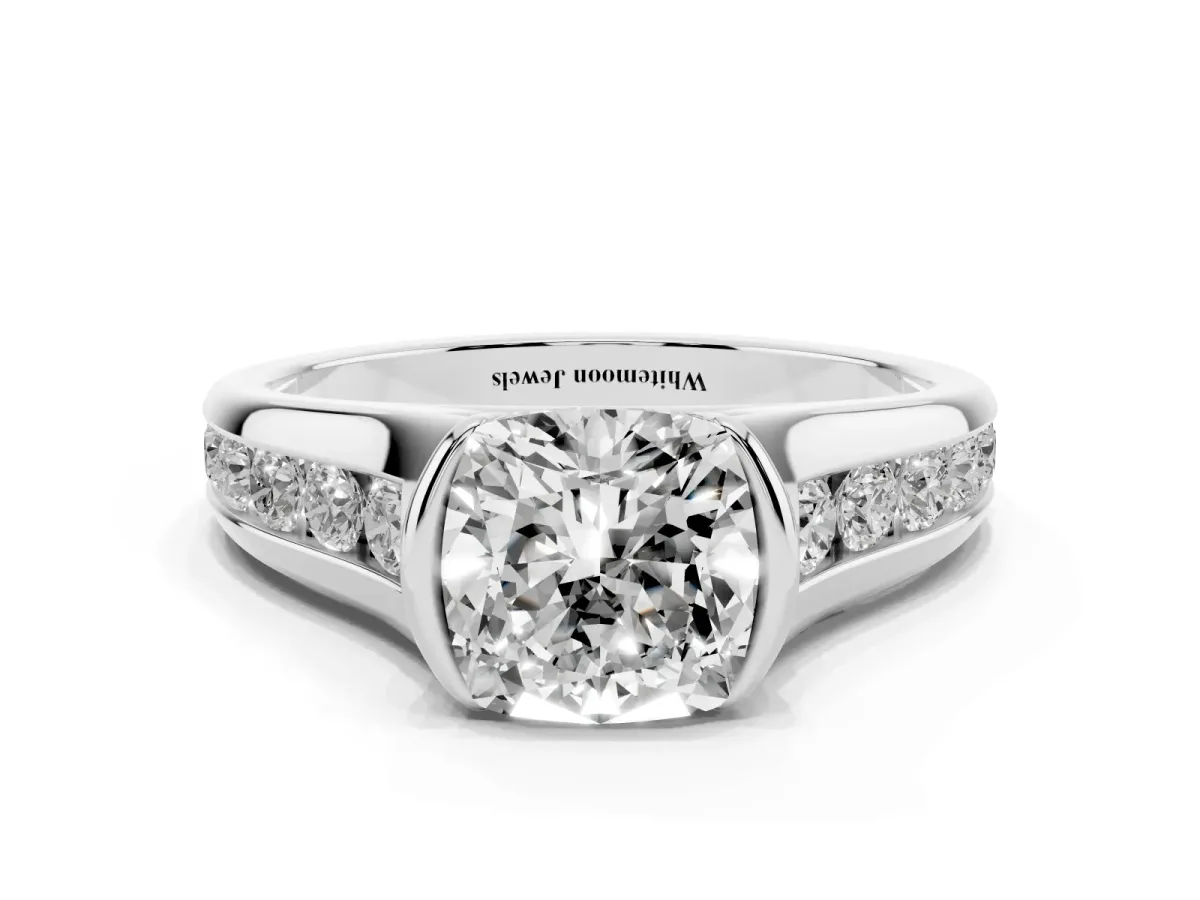 Cushion Cut Solitaire Bezel-Set Diamond Ring with Channel-Set Band Silver