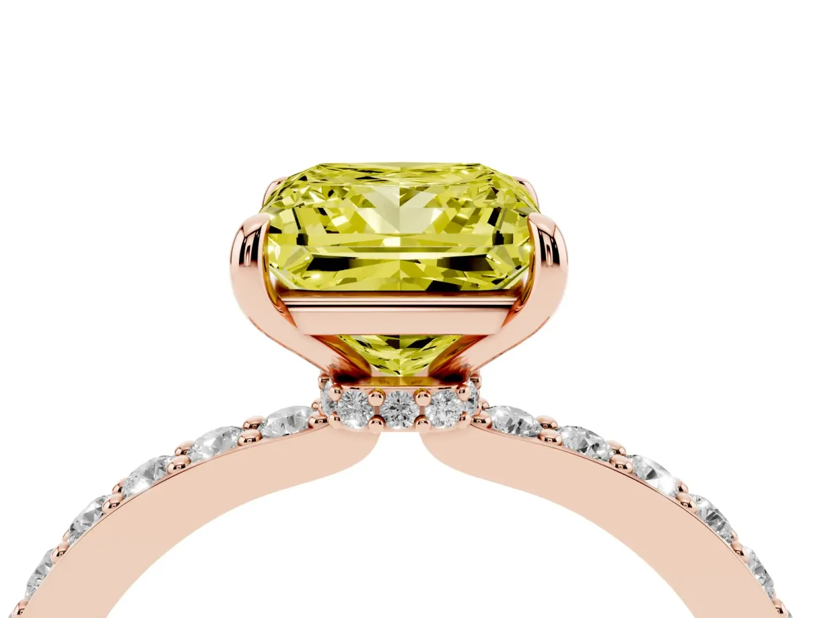 Fancy Yellow Princess Cut Diamond Pavé Engagement Ring with Round Accents and Prong Setting Rose gold