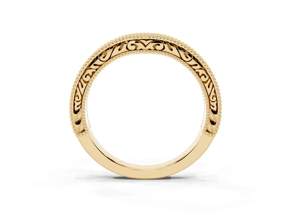 Pave Round Diamond Curved Milgrain Band Yellow gold