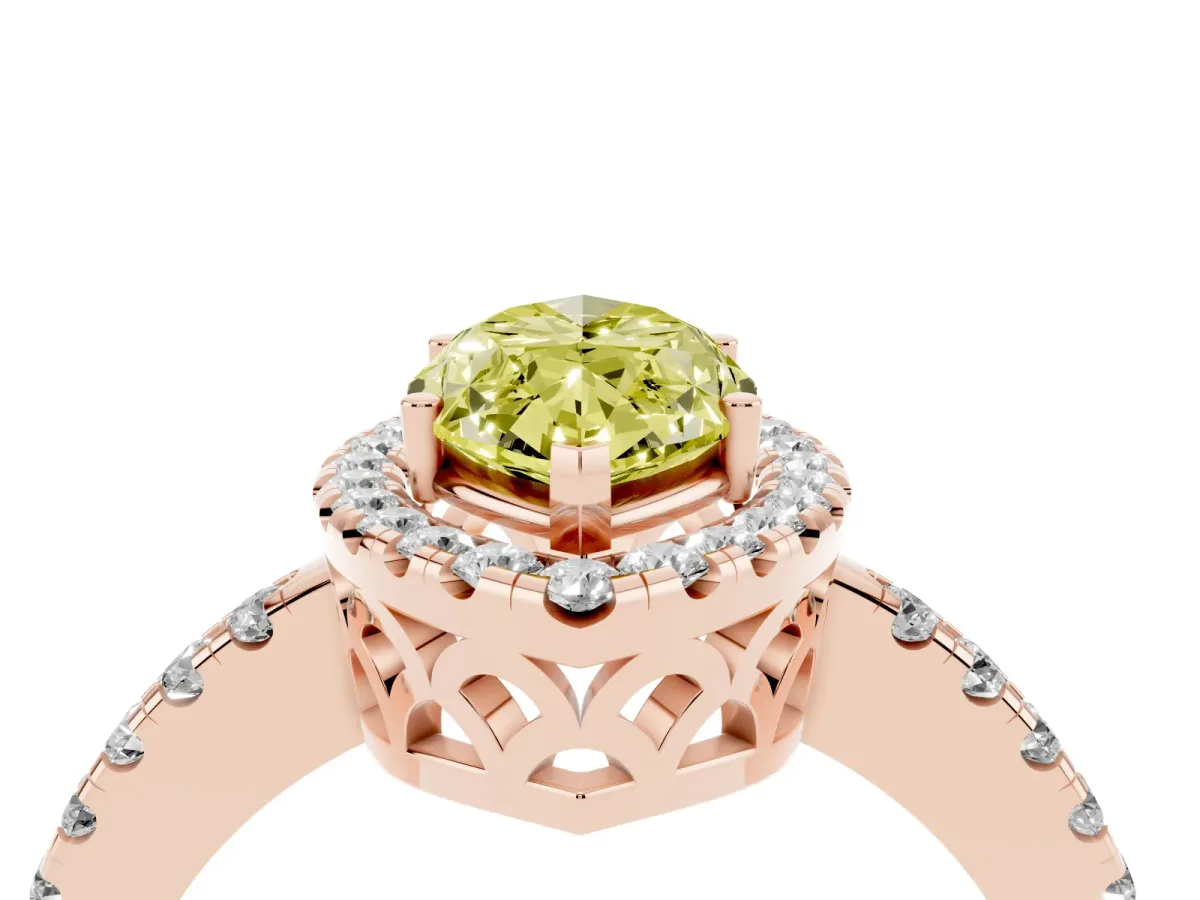 Fancy Yellow Marquise Cut Halo Diamond Engagement Ring with Pavé Band and Four-Prong Setting Rose gold