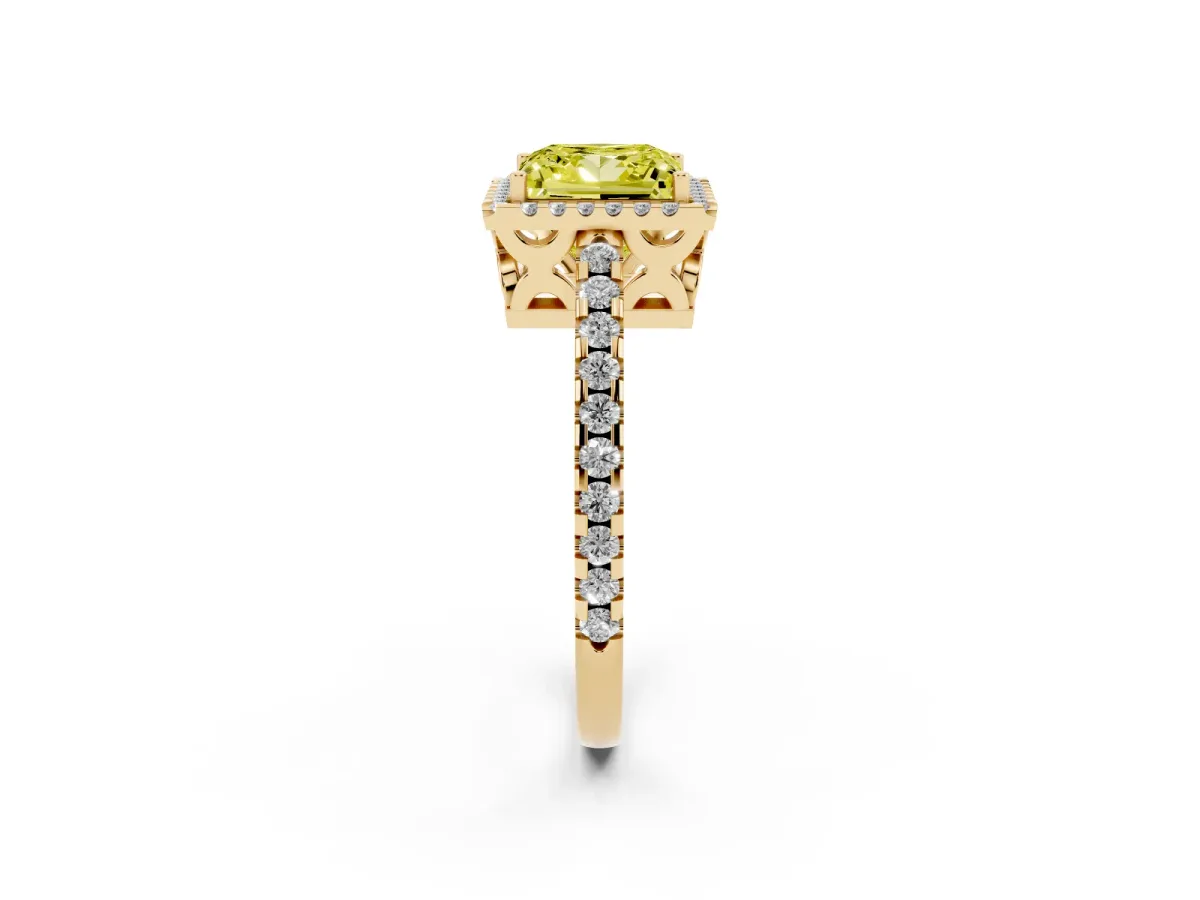 Fancy Yellow Princess Cut Diamond Halo Engagement Ring with Pavé Band and Prong Setting Yellow gold
