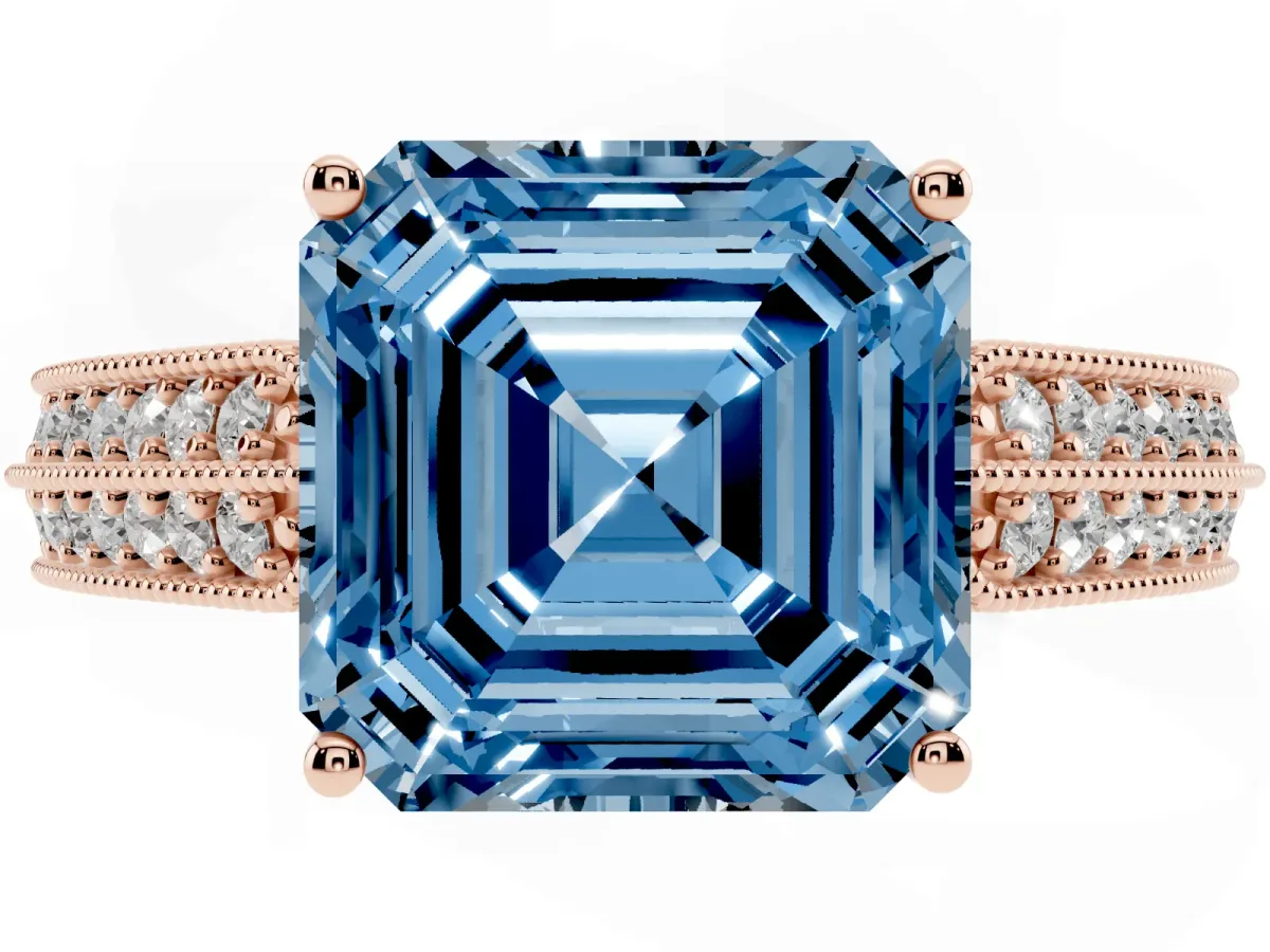 Fancy Blue Asscher Cut Cut Pave Split Shank Engagement Ring with Four-Prong Setting Rose gold