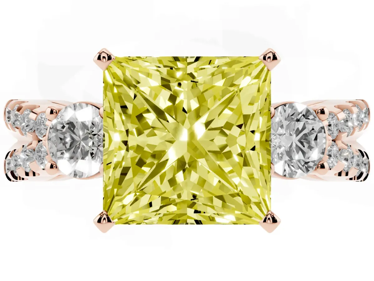 Fancy Yellow Princess Cut Diamond Three-Stone Ring with Pavé Split Shank and Four-Prong Setting Rose gold