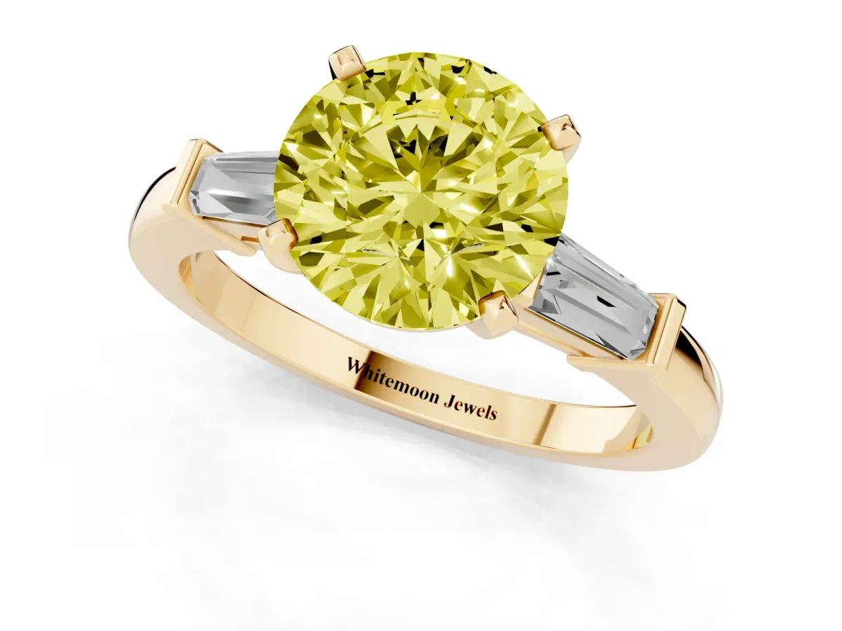 Fancy Yellow Round Cut Cut Diamond Solitaire Ring with Tapered Baguette Accents and Four-Prong Setting Yellow gold