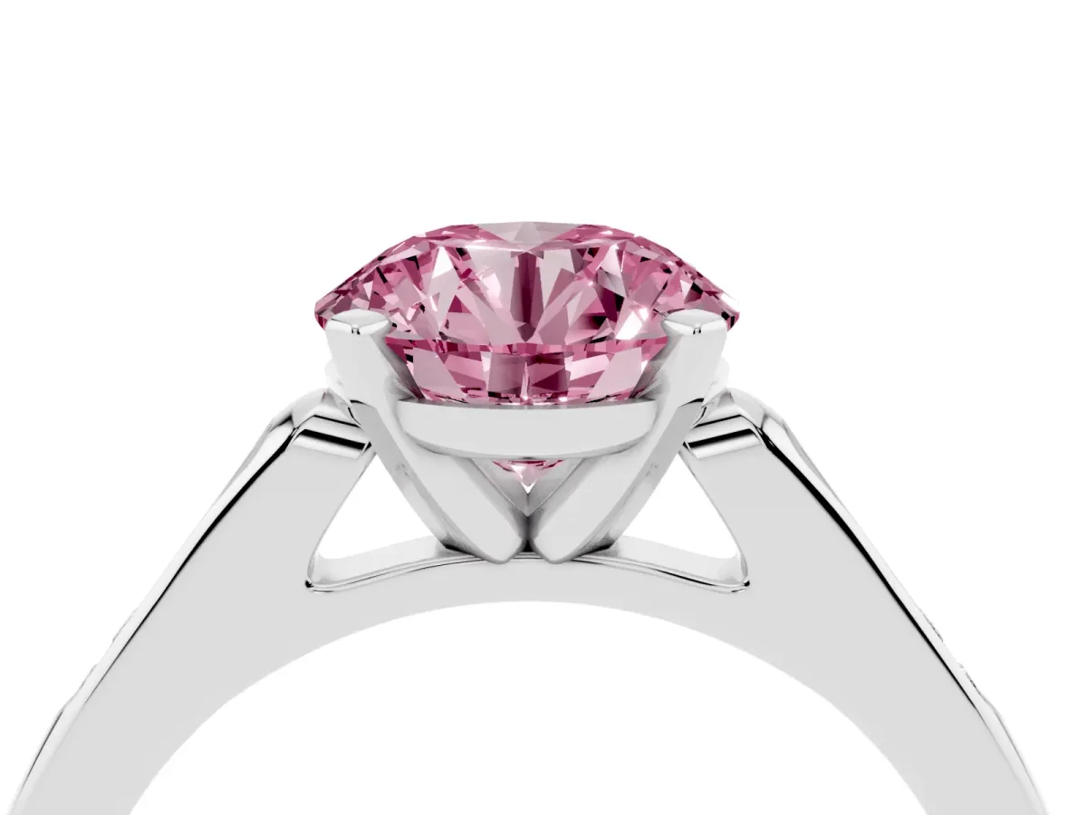 Fancy Pink Round Cut Diamond Solitaire Ring with Channel Set Round Band and Prong Setting Silver