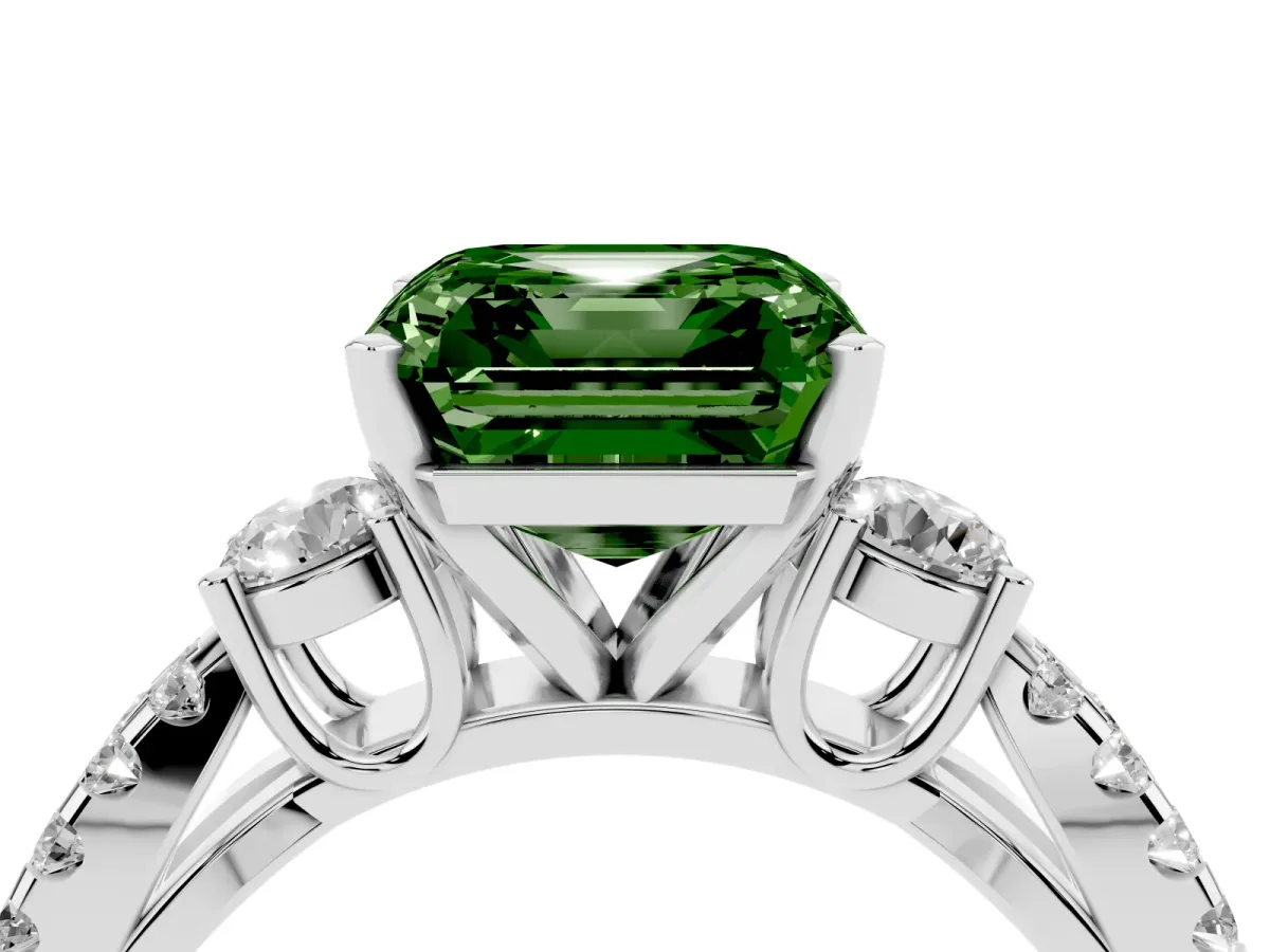 Fancy Green Asscher Cut Diamond Three-Stone Ring with Pavé Split Shank and Four-Prong Setting Platinum