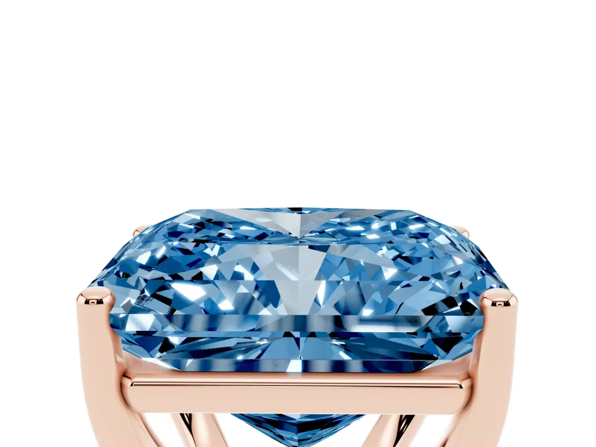 Fancy Blue Radiant Cut Cut Diamond Solitaire Engagement Ring with Tapered Plain Band and Four-Prong Setting Rose gold