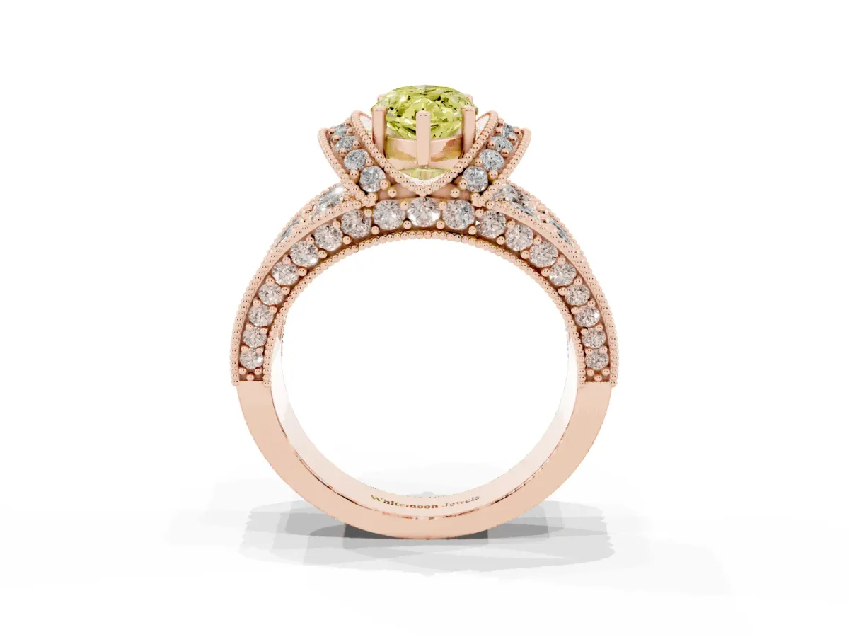 Fancy Yellow Marquise Cut Halo Pave Diamond Engagement Ring with Milgrain Detailing Rose gold