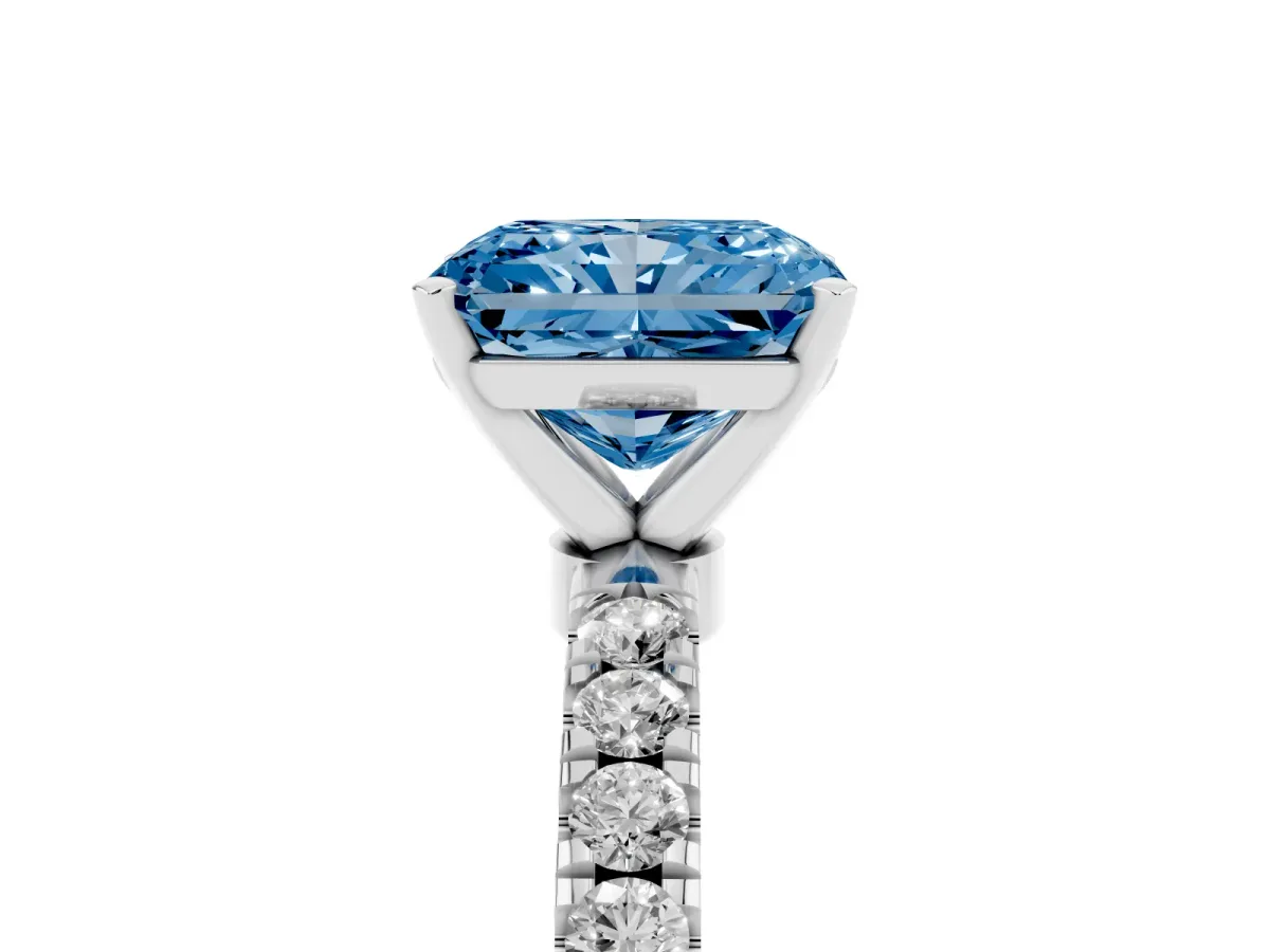 Fancy Blue Radiant Cut Diamond Solitaire Ring with Pavé Accents and Four-Prong Setting Silver