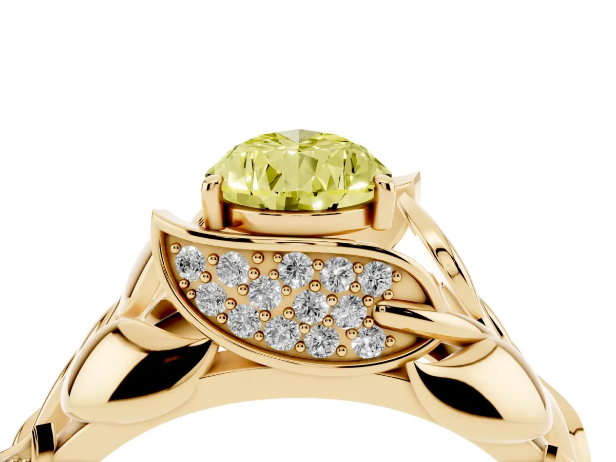Fancy Yellow Pear Cut Diamond Leaf-Inspired Engagement Ring with Round Accents and Prong Setting Yellow gold