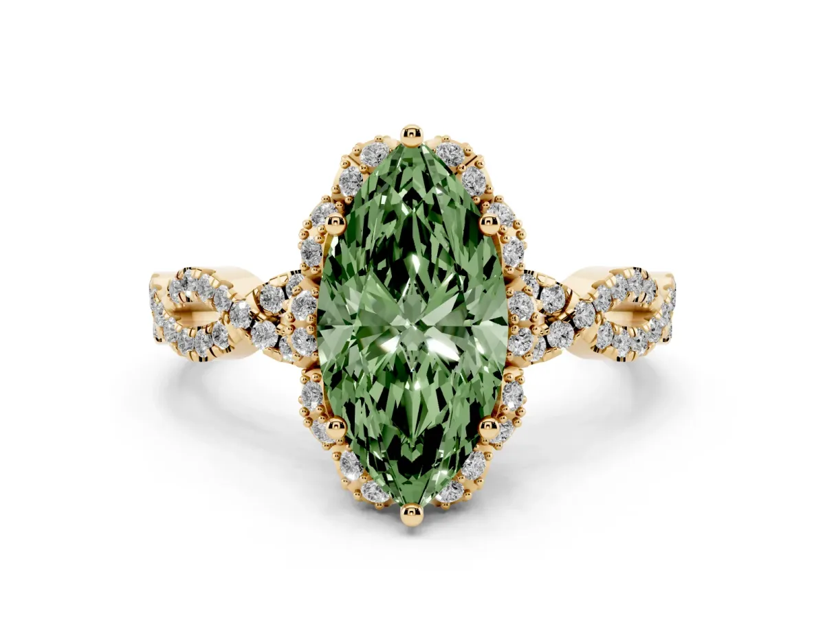 Fancy Green Marquise Cut Halo Twist Band Solitaire Ring with Six-Prong Setting Yellow gold