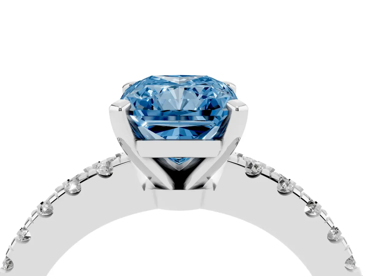 Fancy Blue Radiant Cut Solitaire Diamond with Pavé Band and Four-Prong Setting Platinum