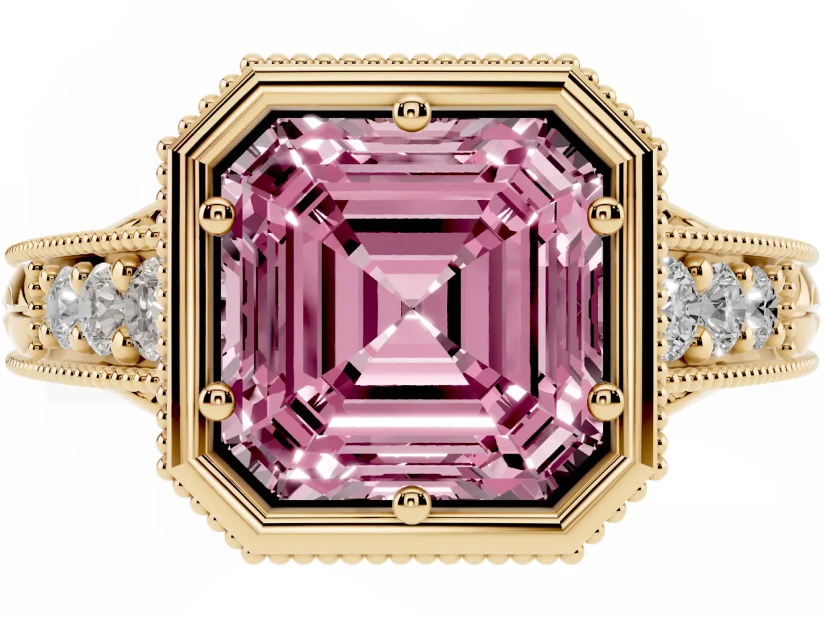 Fancy Pink Bezel Set Asscher Cut Diamond Milgrain Pave Engagement Ring Yellow gold