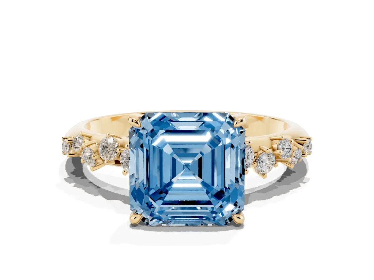 Fancy Blue Asscher Cut Diamond Cluster Side Stone Solitaire Ring with Prong Setting Yellow gold