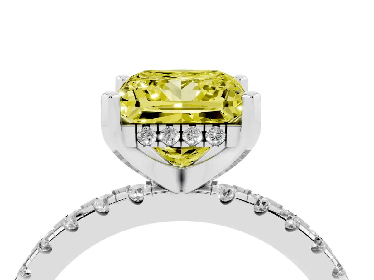 Fancy Yellow Princess Cut Diamond Solitaire Ring with Round Pavé Band and Four-Prong Setting Silver