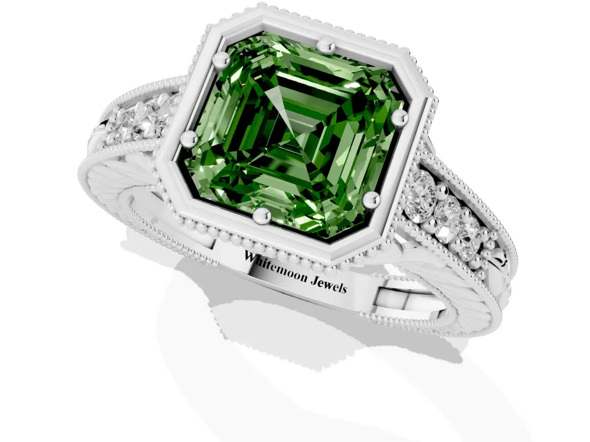 Fancy Green Bezel Set Asscher Cut Diamond Milgrain Pave Engagement Ring Silver